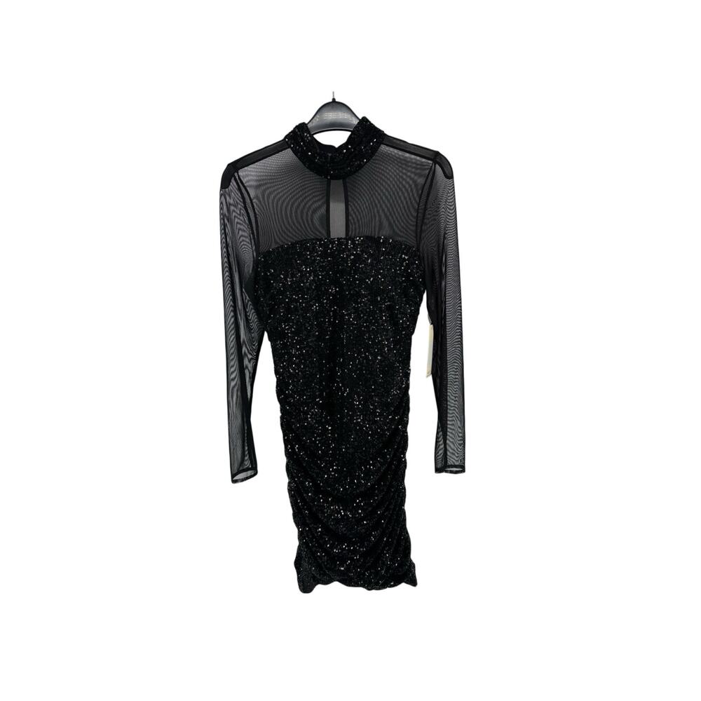Eliza J Womens Sequin Illusion Embellished Mesh Mock Neck Dress Black Size 6 NWT